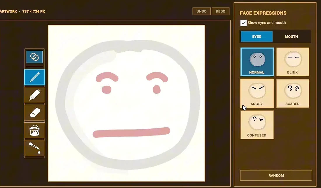 Earlier caller artwork editor with a drawing canvas and face-expression controls
