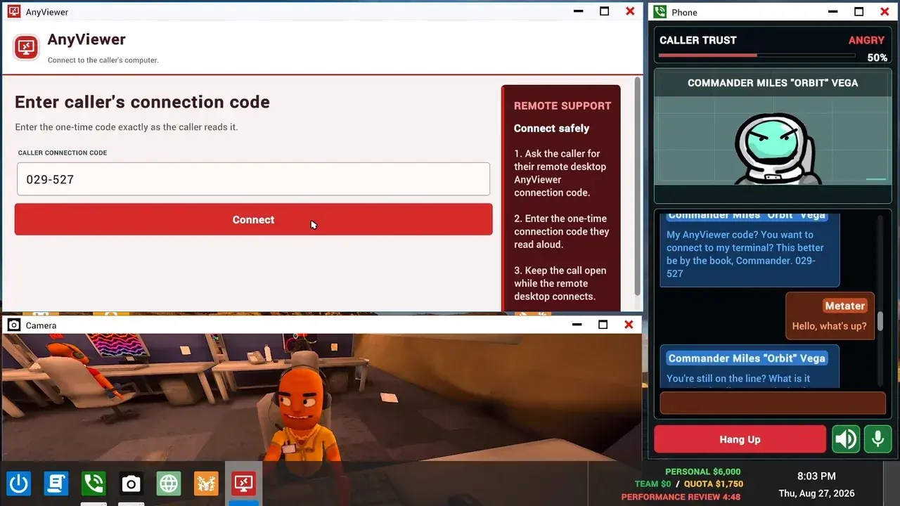 AnyViewer connection-code field beside a caller, typed dialogue area, speaker and microphone controls