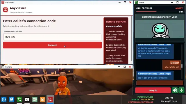 AnyViewer connection-code field beside a caller, typed dialogue area, speaker and microphone controls