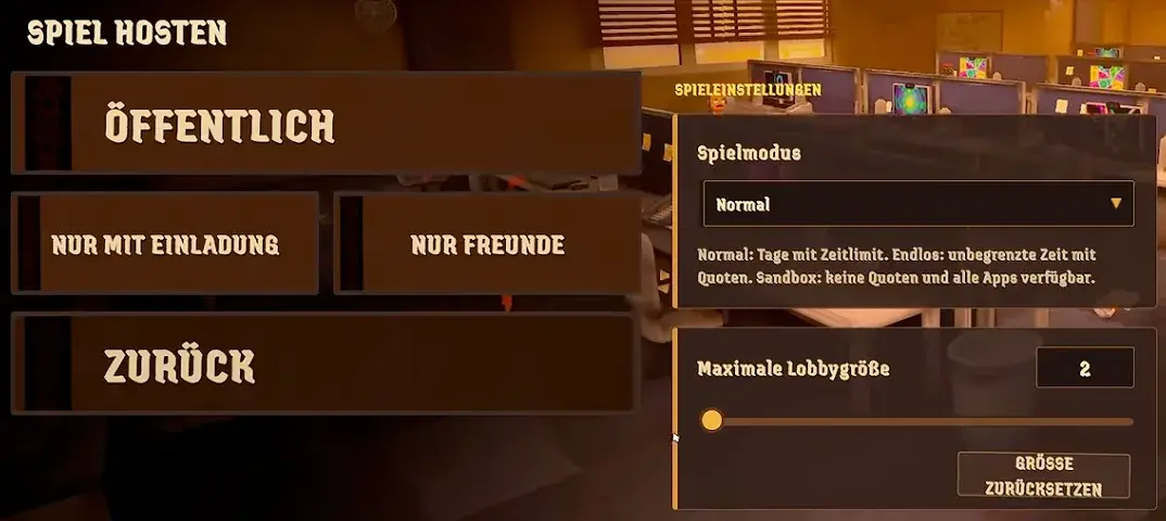 Earlier hosting menu with session visibility, game mode and lobby-size controls