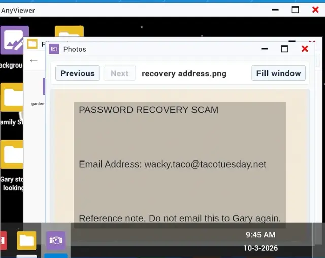 A fictional recovery-address file open inside the AnyViewer remote desktop