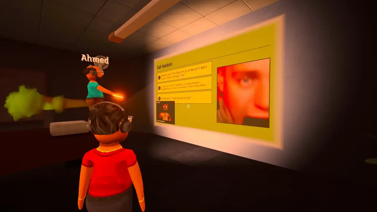 Players in the performance review room facing a Call Analysis replay screen