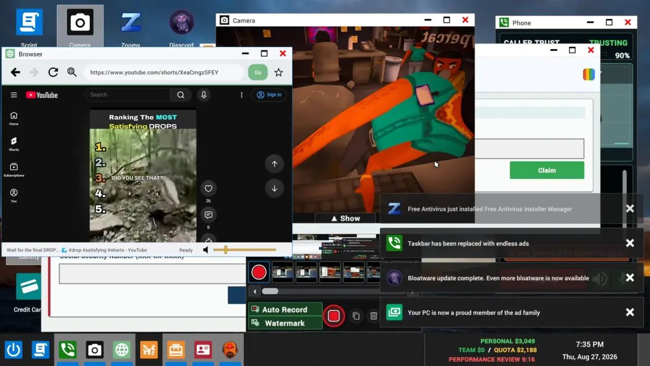 In-game desktop partly obscured by bloatware and unwanted software notifications