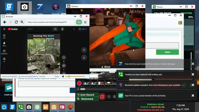 In-game desktop partly obscured by bloatware and unwanted software notifications